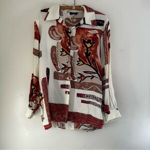 Vintage Galeries Lafayette Collections White Red Print Blouse Viscose Large